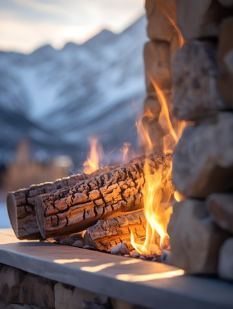 fireplace in the mountains at sunset, close-up, outdoorの素材