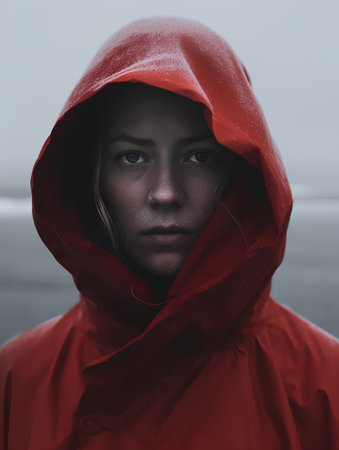 Portrait of a girl in a red raincoat with a hoodの素材