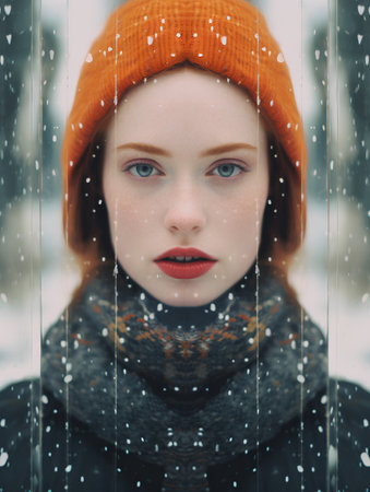 Portrait of a beautiful red-haired girl in a knitted hat and scarf on a background of a snowy winter park.の素材