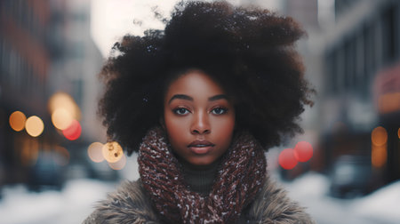 Beautiful african american woman with afro hairstyle in the city.の素材