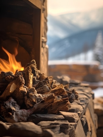 Fireplace in the winter with a view of the mountains and the forestの素材