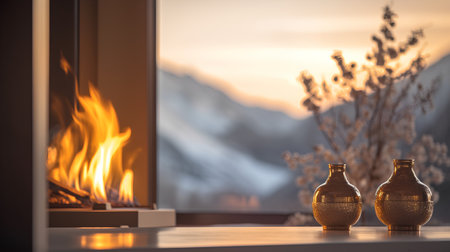 Burning fireplace in the interior of a room with a view of the mountains.の素材