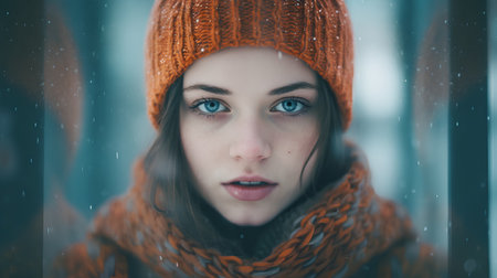 Portrait of a beautiful young woman in a knitted hat and scarf.の素材