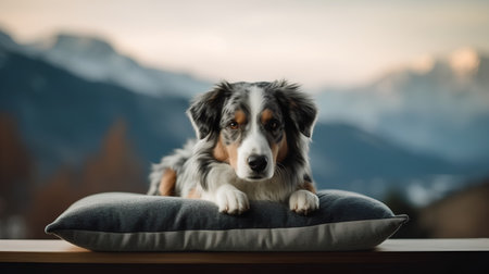 Portrait of australian shepherd dog on a pillow in front of the mountainsの素材