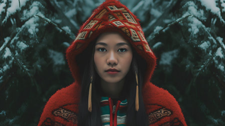 Portrait of a beautiful asian woman in red coat and hatの素材