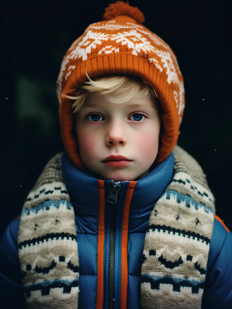 Cute little boy with blond hair and blue eyes in warm knitted hat and blue jacket on dark backgroundの素材