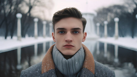 Portrait of a handsome young man in a gray coat and a scarf.の素材