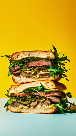 Sandwich with beef and arugula on a bright yellow backgroundの素材