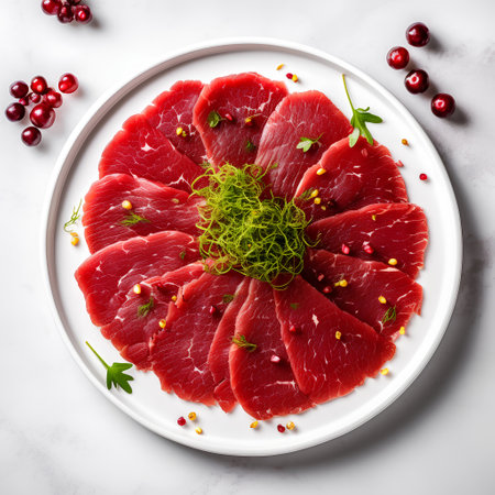Slices of fresh raw beef meat with herbs and spices on white marble background, top viewの素材