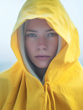 Portrait of a beautiful young woman in a yellow raincoat.の素材