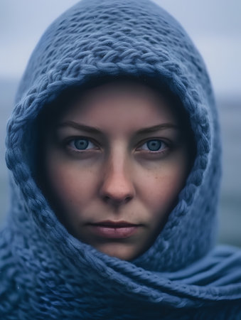 Portrait of a young girl in a blue knitted scarf.の素材
