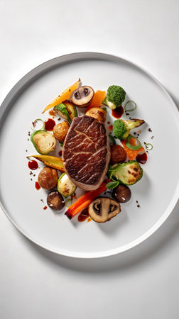 Grilled beef steak with vegetables on white plate. Top view.の素材