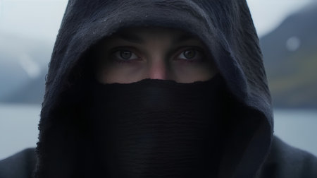 Portrait of a young woman in a black hood looking at the cameraの素材
