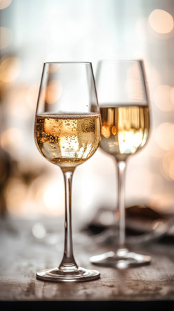 Glasses of white wine on a blurred background with bokehの素材