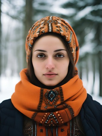 Portrait of a beautiful girl in a knitted hat and scarf in the winter forestの素材