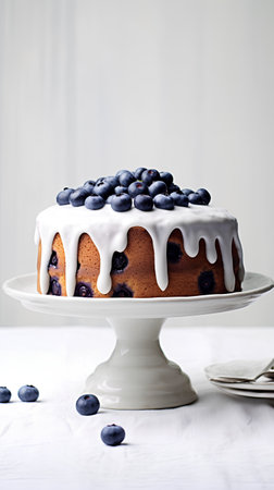 Vanilla bundt cake with fresh blueberries and white icing on a light backgroundの素材