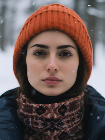 Portrait of a beautiful girl in a warm hat and scarf in the winter forestの素材