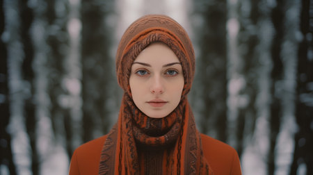 Portrait of a beautiful young woman in a knitted hat and scarf.の素材