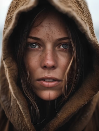 Portrait of a young woman in a hoodie looking at cameraの素材