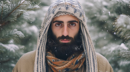 Handsome bearded man with long beard and moustache on serious face in warm sweater and scarf on snowy backgroundの素材