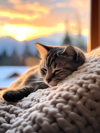 Cute tabby cat sleeping on a soft blanket at sunset.の素材