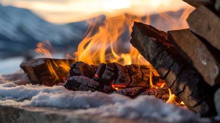 Burning wood in a fireplace on a background of mountains at sunsetの素材