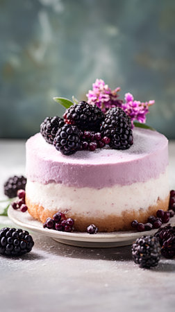 Homemade berry cheesecake with fresh blackberries, selective focus.の素材