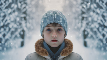 Portrait of a boy in a knitted cap and scarf in the winter forest.の素材
