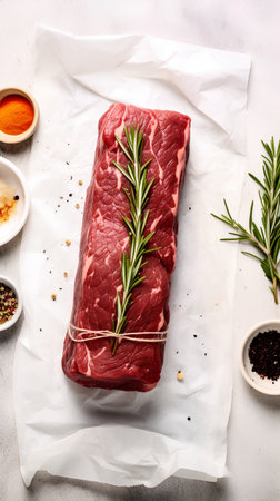 Raw beef steak with rosemary and spices on a white background.の素材