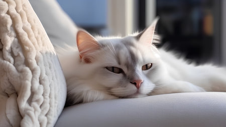Portrait of a white cat lying on a sofa at home.の素材