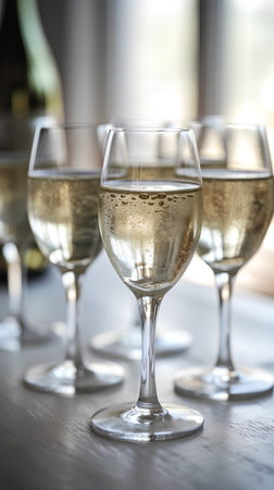 Glasses of white wine on a wooden table in a restaurant. Selective focusの素材