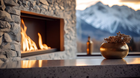 Cozy fireplace in the interior of a country house on the background of the mountainsの素材