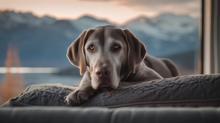 Dog breed Weimaraner on the windowsill in the eveningの素材