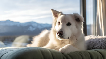 Siberian husky dog on sofa in front of window.の素材
