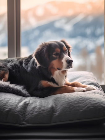Bernese mountain dog lying on a bed in front of the windowの素材