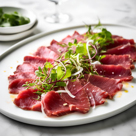 Beef carpaccio with arugula and microgreensの素材