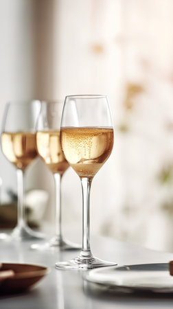 Glasses of white wine on table in restaurant, close-upの素材