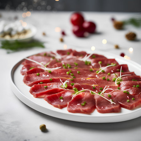 Raw beef carpaccio with microgreens, selective focus.の素材