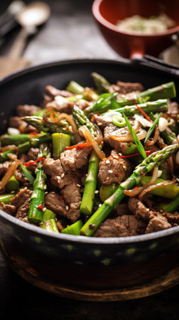 Stir-fried beef with asparagus, garlic and onionの素材