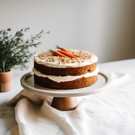 Homemade carrot cake with cream cheese frosting and fresh carrots on a light backgroundの素材