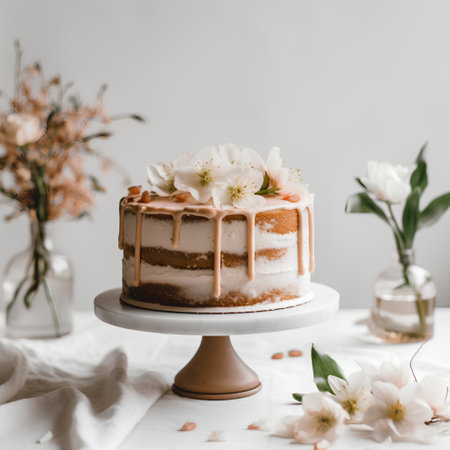 Tiramisu cake decorated with flowers on a white background.の素材