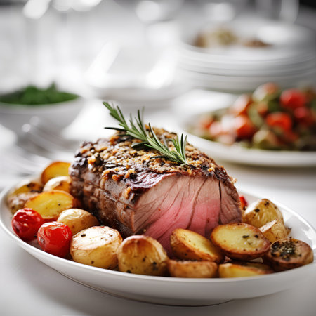 Grilled beef fillet with baked potatoes and rosemary on a white plateの素材