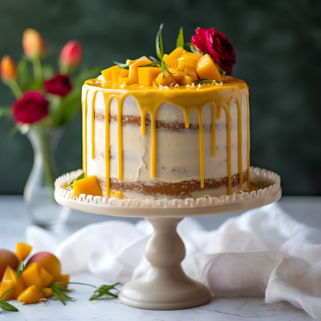 Cake with mango and whipped cream on a white background. selective focus.の素材