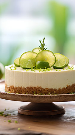 Lime cheesecake with lime and mint on a wooden table.の素材