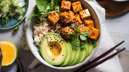 Hawaiian poke bowl with tofu, avocado, cucumber and sesame seeds.の素材