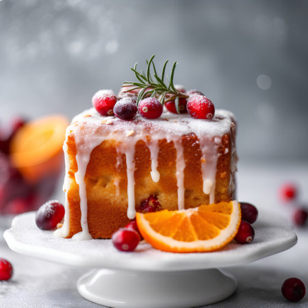 Christmas cake with cranberries and orange on a gray background, selective focus.の素材