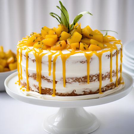 Mango cake with whipped cream and fresh mango on a white backgroundの素材