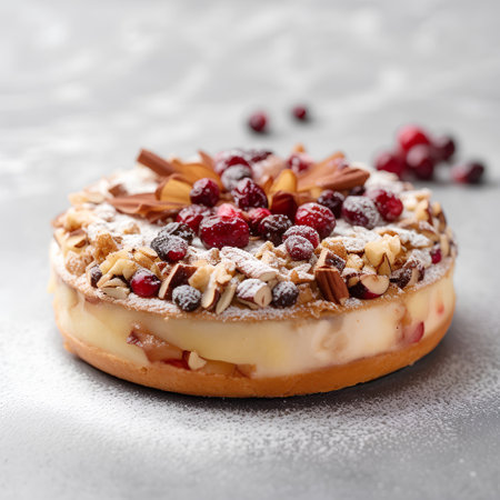 Cheesecake with berries and nuts on a gray background. Selective focus.の素材