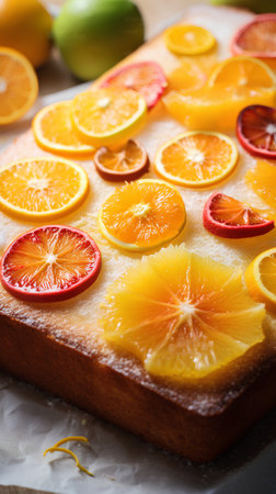 Cake with oranges and lemons on a wooden board, selective focus.の素材