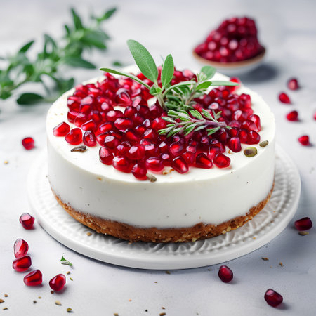 Cheesecake with pomegranate seeds and rosemary on a white background.の素材